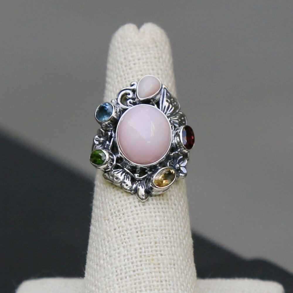Bali Legacy ✦ Pink Opal & Multi Gemstone Ring ✦ 5.40ctw Sterling Silver Floral - Picture 6 of 16